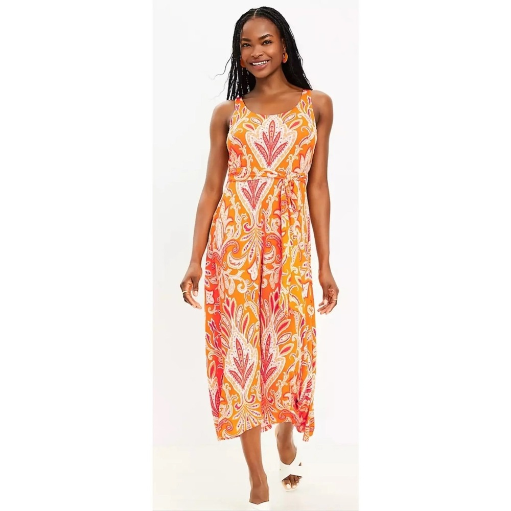 Loft‎ Orange Paisley Sleeveless Maxi Dress with Tie Waist Size L Scoop Neck Boho